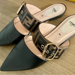 Size 6.5 (37) Fendi Vitello FF Embossed Buckle Flat Mules